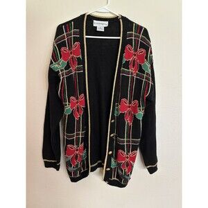 Vintage Christmas Sweater Womens Medium Norton McNaughton Cardigan Embroidered